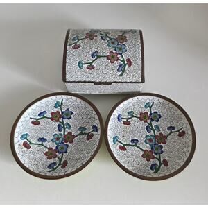 Vintage Chinese Cloisonné Trinket Box Set Floral Enamel Dish Pair